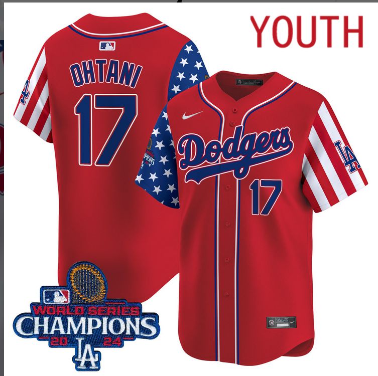 Youth  MLB Los Angeles Dodgers #17 Ohtani American Style red 2024 World Series Champions  Limited Jersey->customized mlb jersey->Custom Jersey